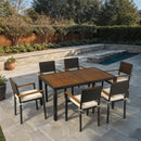 7 piece Outdoor Patio Wicker Dining Set Patio Wicker Furniture Dining Set w/Acacia Wood Top Brown Wicker + Cream Cushion