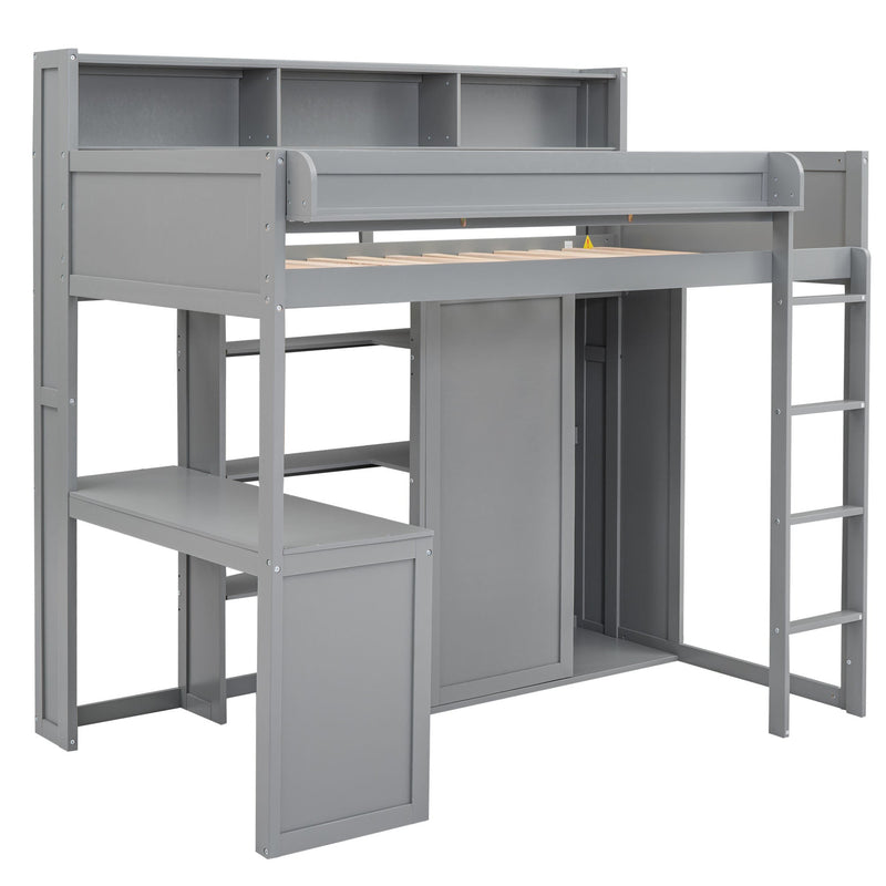 Walker Edison | Wood Twin Size Loft bed with Storage and Wardrobe