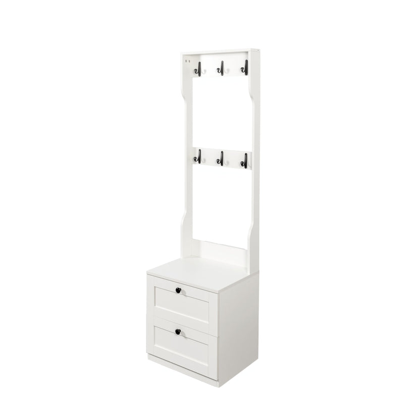 2-in-1 Coat Rack and Nightstand,Wood Bedside/Entryway Storage Organizer with Drawer & Hooks, Freestanding Clothes Hanger for Bedroom,Hallway