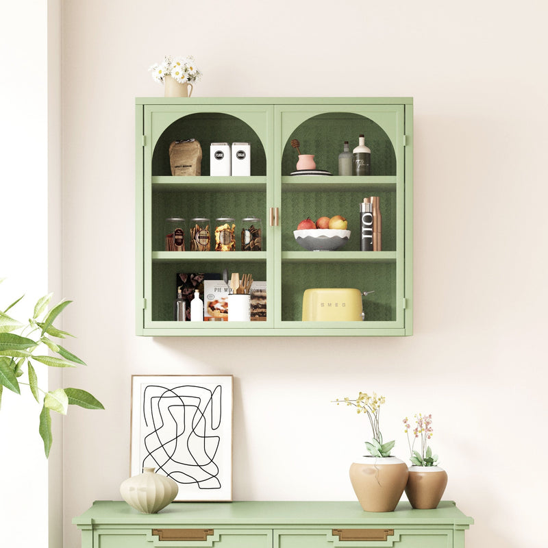 27.56"Glass Doors Modern Two-door Wall Cabinet with Featuring Three-tier Storage for Entryway Living Room Bathroom Dining Room,Wall Cabinet with Characteristic Woven Pattern,Green