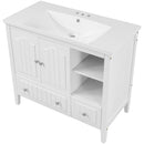 36" Bathroom Vanity with Ceramic Basin, Bathroom Storage Cabinet with Two Doors and Drawers, Solid Frame, Metal Handles, White