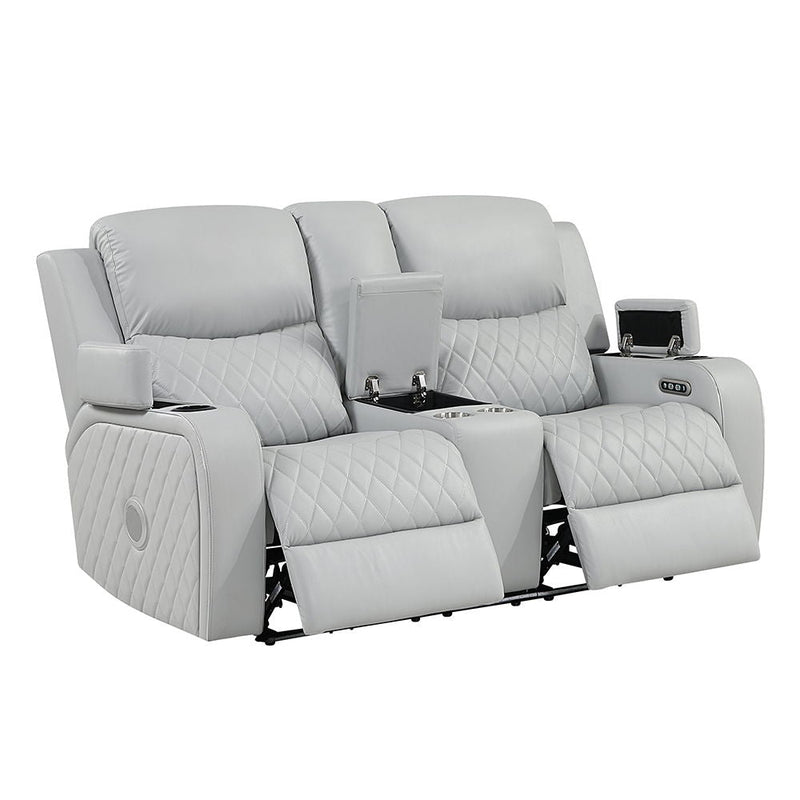 Elonzo - Power Motion Loveseat With Console, LED, Power Headrest & Speaker - Light Gray, photo 6 of 7