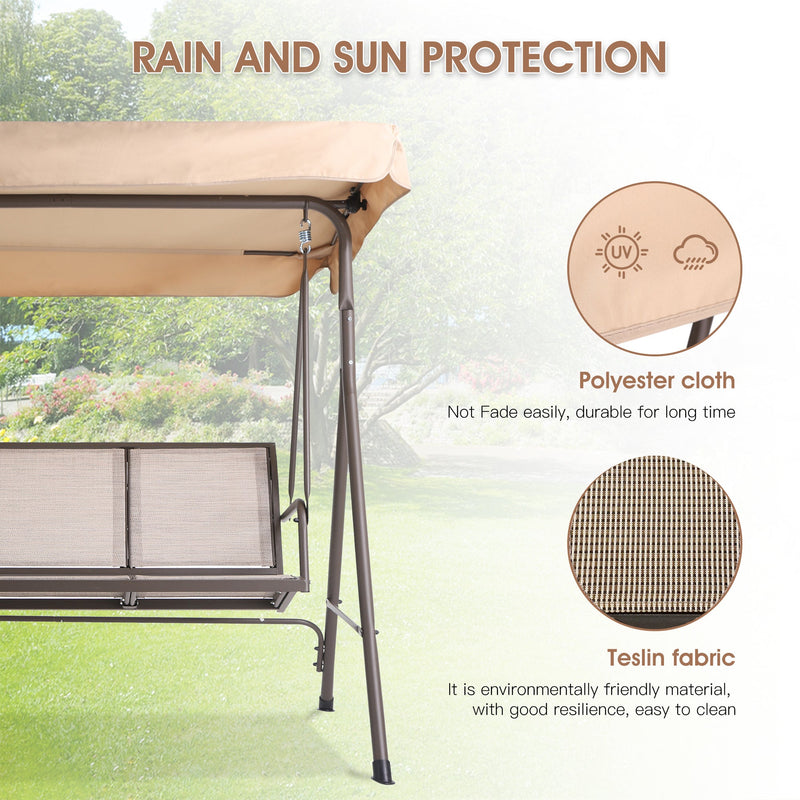 3 Person Outdoor Patio Swing, Steel Frame Textilene Seats Steel Frame Swing Chair, Beige