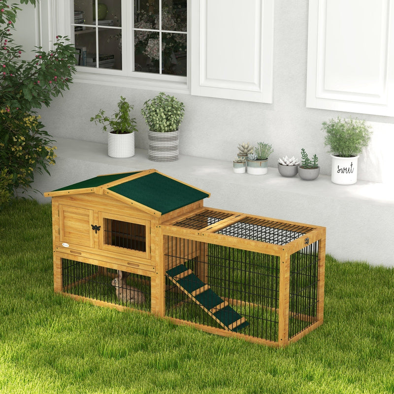 2 Levels Outdoor Rabbit Hutch with Openable Top, 59" Wooden Large Rabbit Cage with Run Weatherproof Roof, Removable Tray, Ramp, Yellow