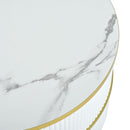 27.5" & 19.6" Stackable Coffee Table with 2 Drawers, Nesting Tables with Brown Tempered Glass and High Gloss Marble Tabletop, Set of 2, Round Center Table for Living Room, White