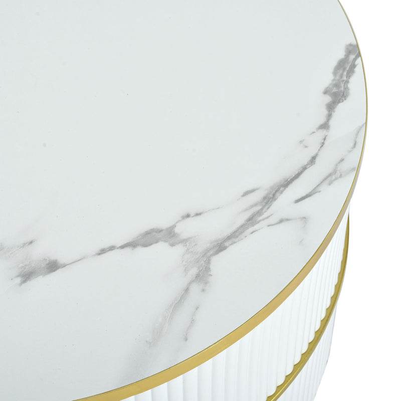 27.5" & 19.6" Stackable Coffee Table with 2 Drawers, Nesting Tables with Brown Tempered Glass and High Gloss Marble Tabletop, Set of 2, Round Center Table for Living Room, White