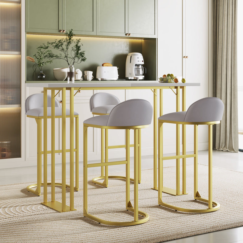 5 Pcs Bar Table and Chairs Set, Modern Gold White Table with 4 Velvet Cushion Bar Stools, Kitchen Counter High Top Table, Breakfast Table Set, Space Saving Table for Home & Kitchen, Gold Frame