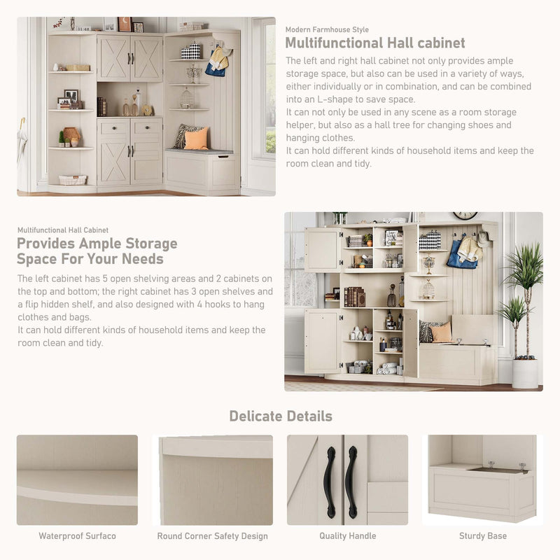 Multifunctional left-right combination hall cabinet (can be used separately) with storage and 4 hooks, storage cabinet/ hall tree 2 in 1 for living room, kitchen and hallway,antique Beige