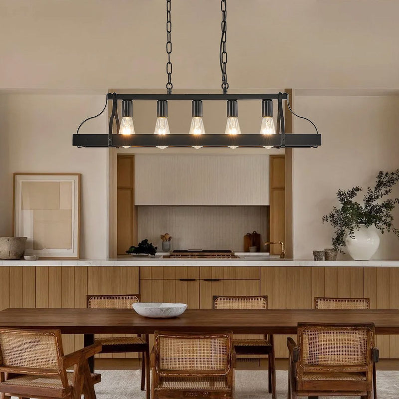 34-Inch Black Industrial Pendant Light with 5 E26 Bulb Sockets, Adjustable Chain Height – Modern Farmhouse Linear Chandelier for Dining Room, Kitchen Island, or Living Room (Bulb Not Included)