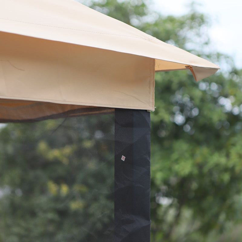 3-Seat Patio Swing Chair, Outdoor Gazebo Swing with Double Tier Canopy, Mesh Sidewalls, Cushioned Seat and Pillows, Beige