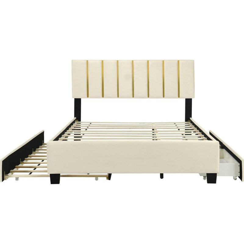 Queen Size Upholstered Platform Bed with 2 Drawers and 1 Trundle, Classic Metal Strip Headboard Design, Beige