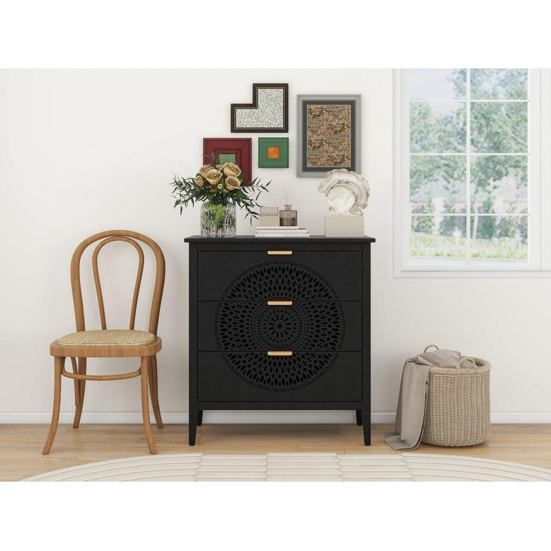 3 Drawer Cabinet with Hollow-Carved 3 Drawer Dresser Storage Chest with Metal Handles For Entryway Living Room Bedroom