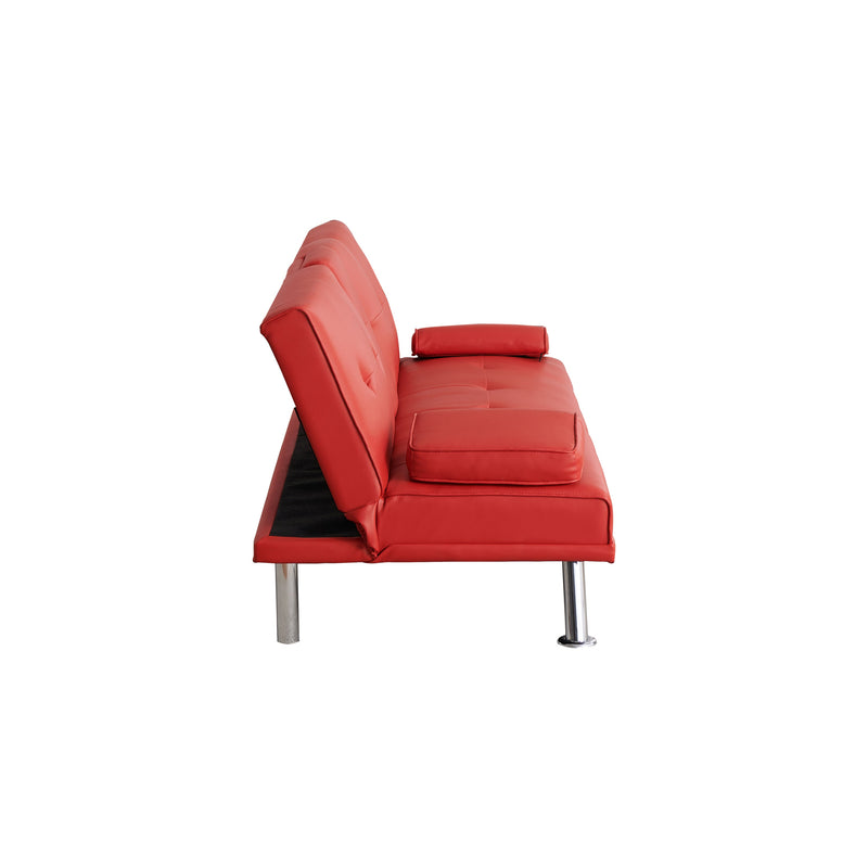 67" Red Leather Multifunctional Double Folding Sofa Bed for Office with Coffee Table