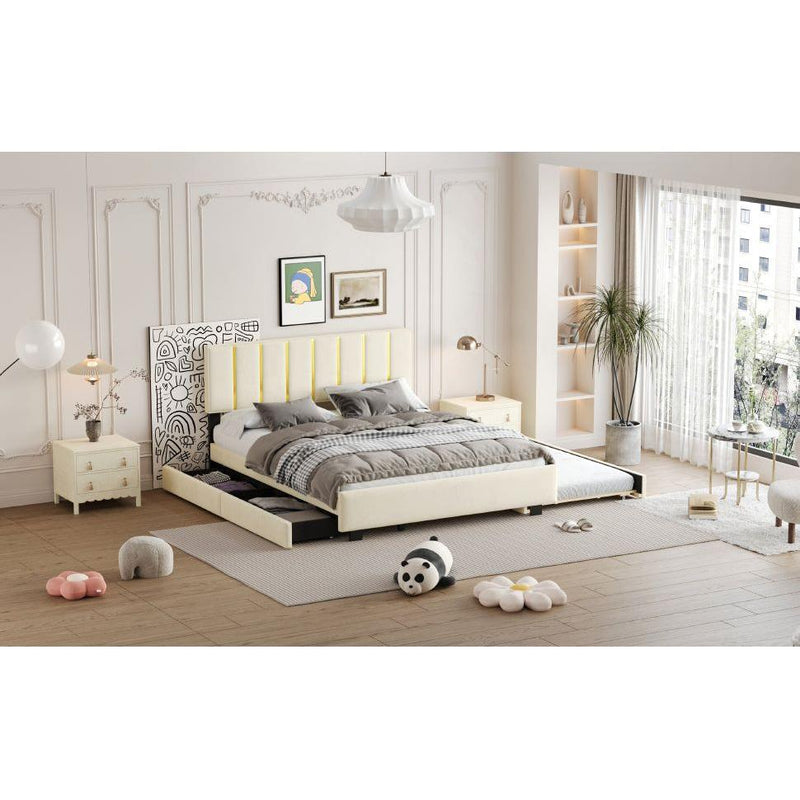 Queen Size Upholstered Platform Bed with 2 Drawers and 1 Trundle, Classic Metal Strip Headboard Design, Beige