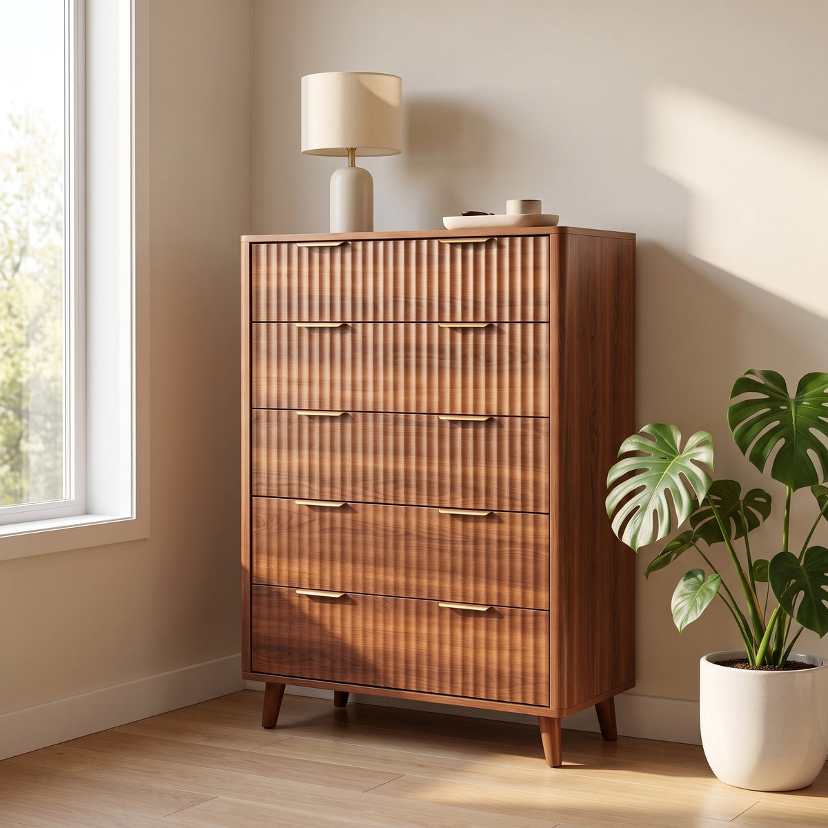 Tall 5-Drawer Dresser, Mid-Century Modern, Walnut