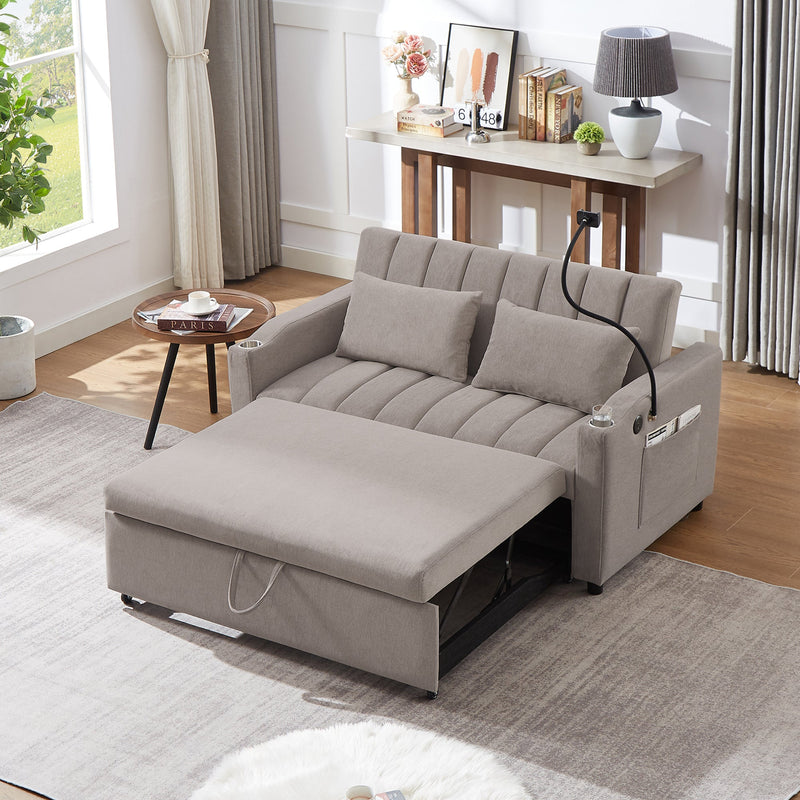 55.9" Convertible Sofa Bed Loveseat Sofa with Three USB Ports, Two Side Pockets, Two Cup Holders and 360Swivel Phone Holder for Living Room, Light Grey