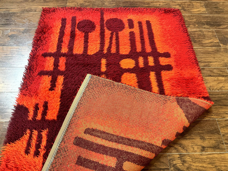 Danish Rya Shag Rug 4x6, Red Vintage Mid Century Retro Abstract Shag Rug