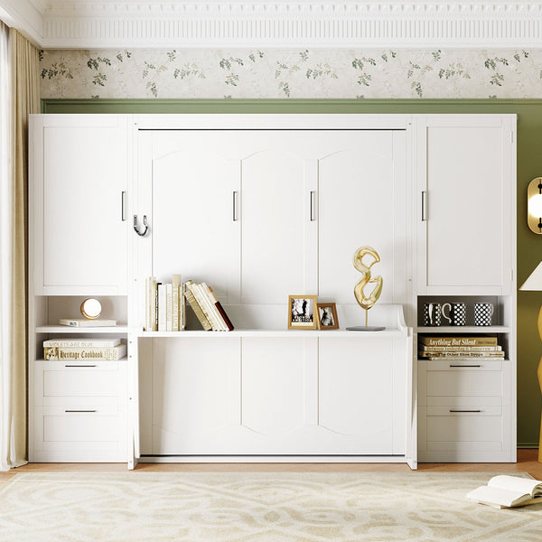 Queen Size Murphy Bed with Closet, Drawers and Shelves - White