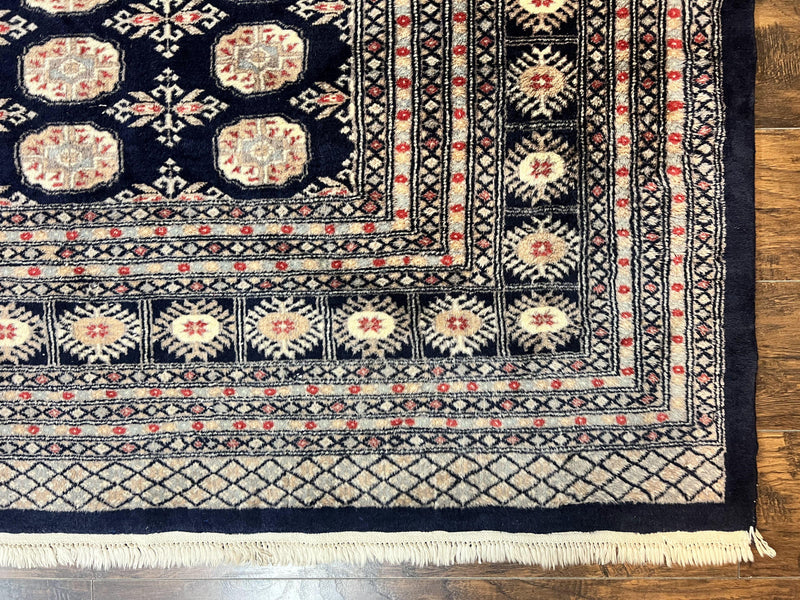 Pakistani Bokhara Rug 8x10, Turkoman Carpet, Dark Blue and Beige, Vintage Handmade Wool Carpet