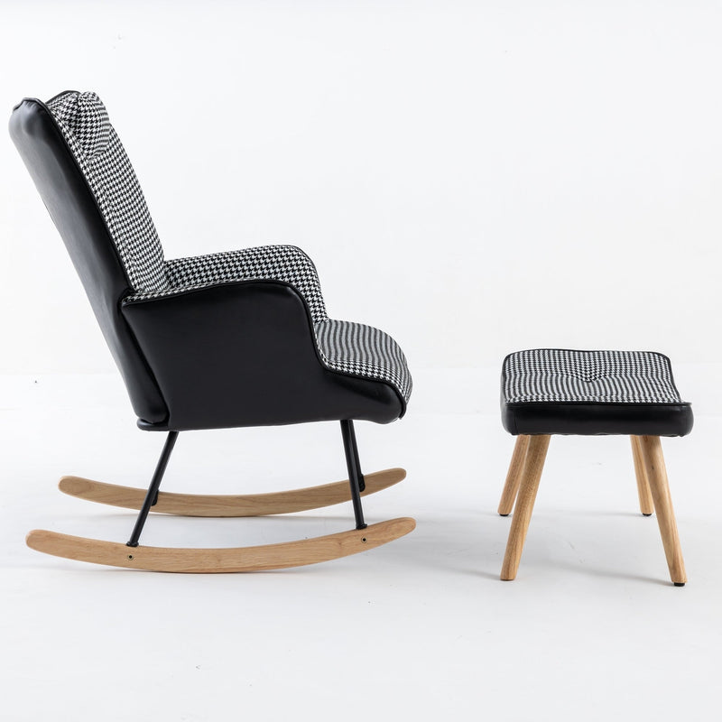 35.5 inch Rocking Chair with Footrest, Soft Houndstooth Fabric Leather Fabric Rocking Chair for Nursery, Comfy Wingback Glider Rocker with Safe Solid Wood Base for Living Room Bedroom Balcony (black)
