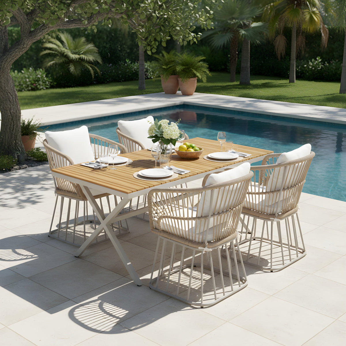 Outdoor 5-Piece Dining Set - Rectangular Teak Wood Table + 4 Wicker Chairs with Cushions, photo 4 of 10