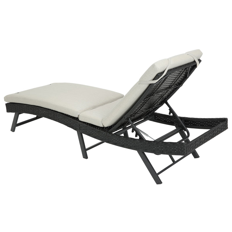 Walker Edison - Steel folding Lounge Sets Outdoor Rattan Adjustable Back 3 Pieces Cushioned Patio Folding Chaise Lounge with Folding Table (Beige)