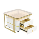2-in-1 Square Nesting Coffee Table with Wheels & Drawers, Stackable Side Table with High Gloss Marble Grain Top, End Table Set with Brown Tempered Glass for Living Room, White
