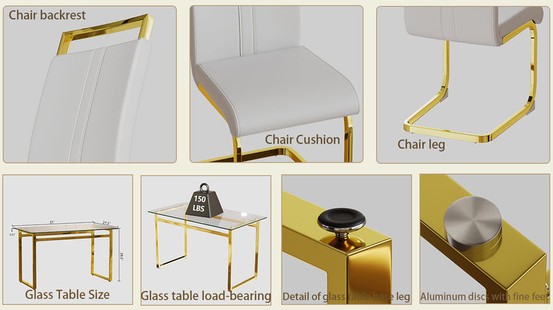 51 inch Glass Dining Table Set for 4, Dining Table & Chair Sets with Golden Plating Legs for Kitchen, Modern Rectangle Tempered Glass Table Top and PU Dining armless Chair for Dining Room