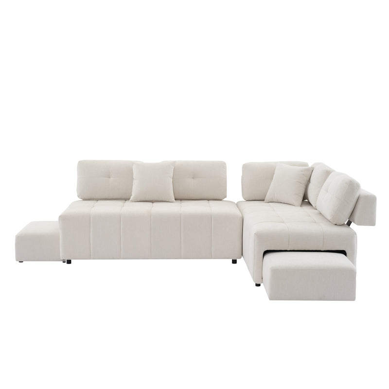 91.73" L-shaped Sofa Sectional Sofa Couch with 2 Stools and 2 Lumbar Pillows for Living Room, Biege