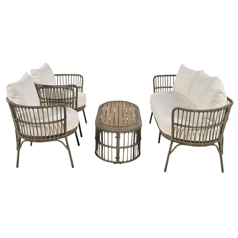 4-Piece Rattan Outdoor Patio Conversation Set with Seating Set for 5 and Coffee Table for Porch, Backyard and Garden (Brown Grey)