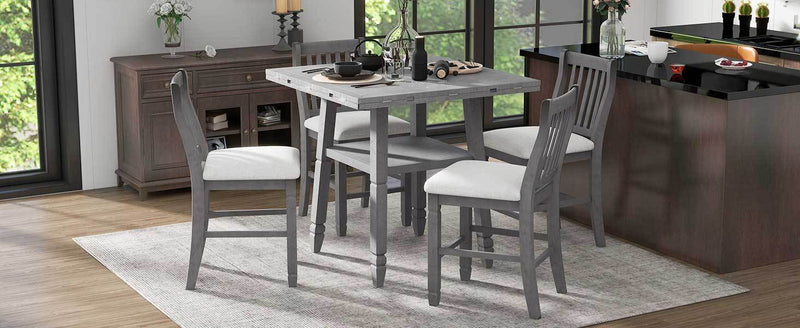 5-Piece Counter Height Dining Table Set in 2 Table Sizes with 4 Folding Leaves and 4 Upholstered Chairs for Dining Room (Gray+Beige Cushion)