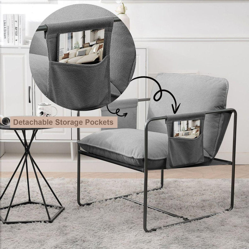 2 Sets 1 Case, Upholstered hanging armchair with arm pocket metal frame, crushed foamcushions and skin-friendly braid for living room and bedroom. Grey color