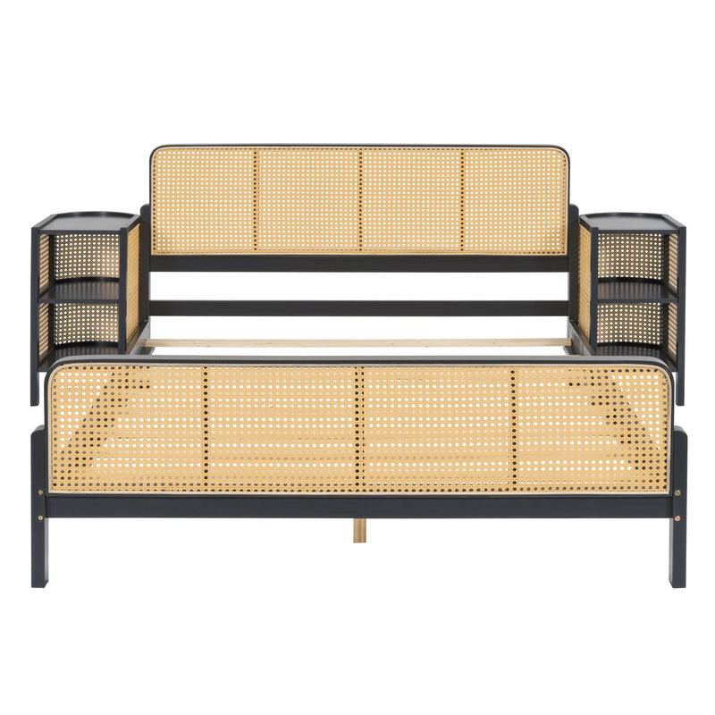 3 Pieces Rattan Platform Full Size Bed With 2 Nightstands,Espresso