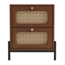 3 Pieces Modern Cannage Rattan Platform Queen Bed + Nightstandx2, Walnut