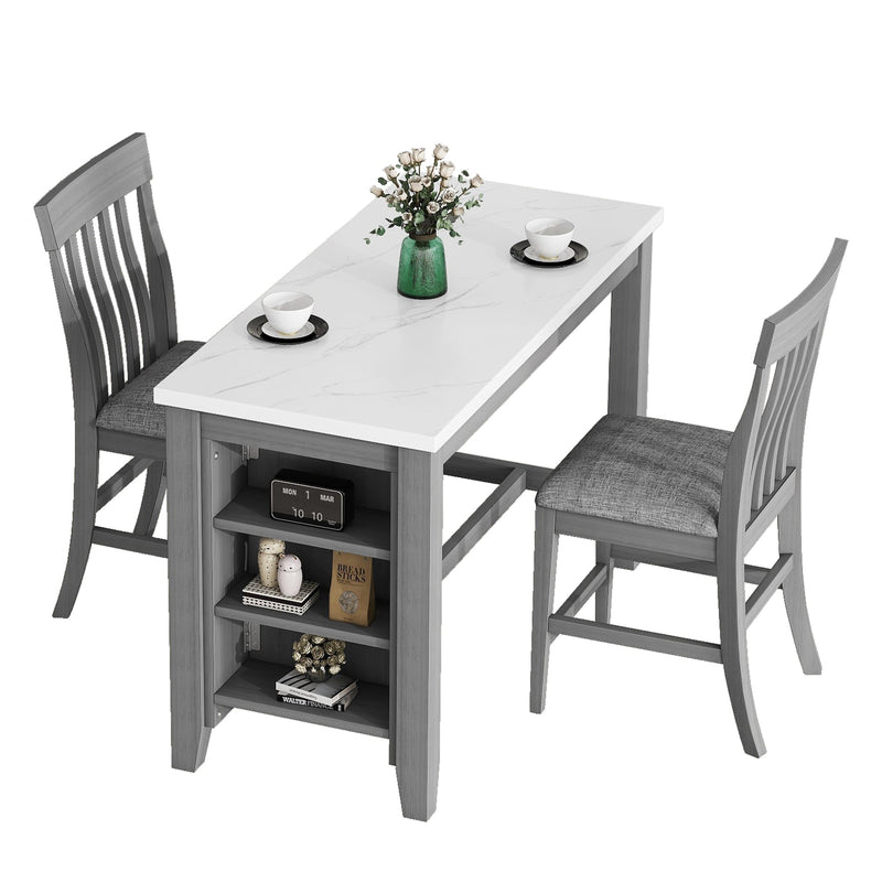 3-piece Counter Height Dining Table Set with Built-in Storage Shelves, One Faux Marble Top Dining Table and 2 counter chairs with footrest,Grey