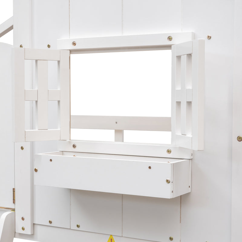 Twin over Twin House Bunk Bed with Roof, Window, Window Box, Door, with Safety Guardrails and Ladder, White