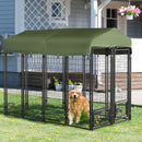 8' x 4' x 6' Dog Kennel Outdoor with Rotating Bowl Holders, Walk-in Pet Playpen, Welded Wire Steel Dog Fence with Water-and UV-Resistant Canopy, Green