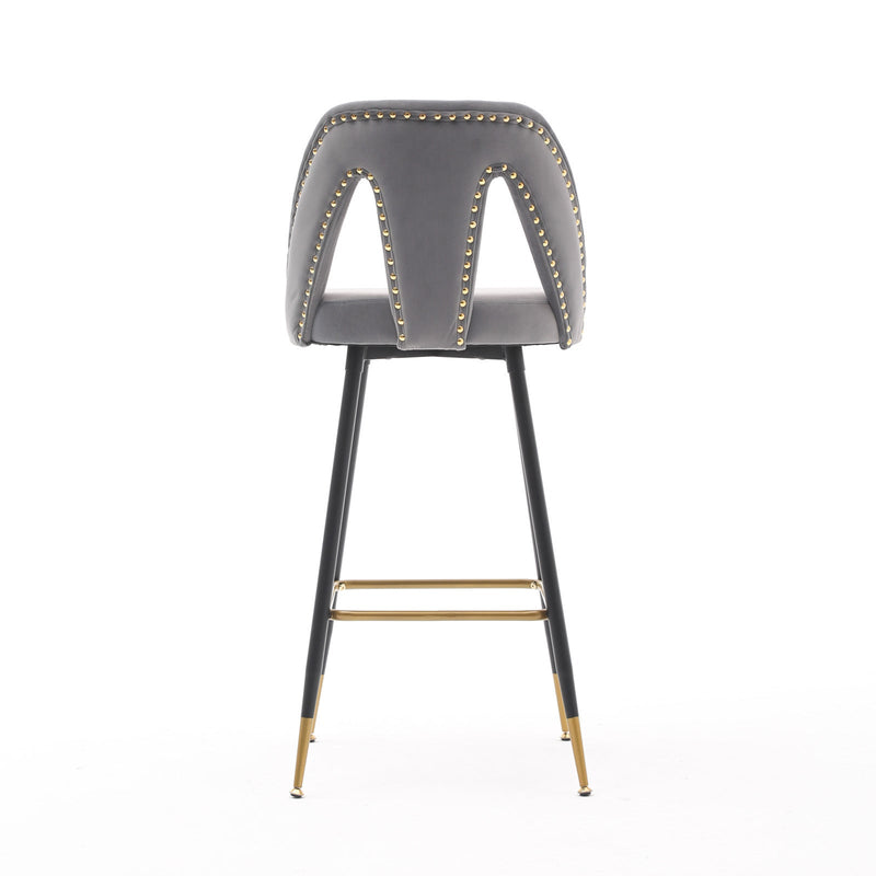 Akoya Collection Modern Contemporary Velvet Upholstered Connor 28" Bar Stool & Counter Stools with Nailheads and Gold Tipped Black Metal Legs, Set of 2 (Gray)