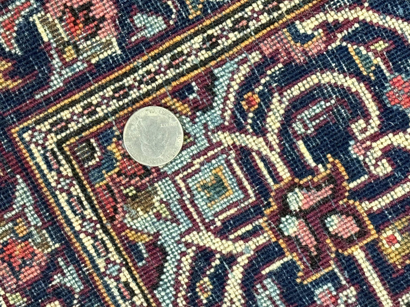 Small Persian Kashan Rug 2x3, Red and Navy Blue, Handmade Vintage Wool Semi Antique Persian Carpet, Semi Open Field