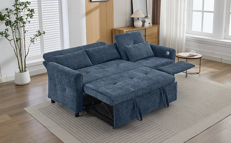2-in-1 Sofa 82' Three-seater Sofa with Sofa Bed and Reversible Recliner, Blue Chenille