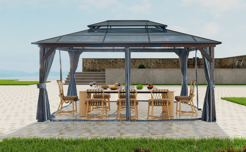 12' x 16' Hardtop Cedar Wood Gazebo for Patios, Outdoor Cedar Framed Gazebo with Double Metal Roof, Solid Wooden Framed Gazebo with Privacy Curtains and Mosquito Nettings for Garden, Backyard