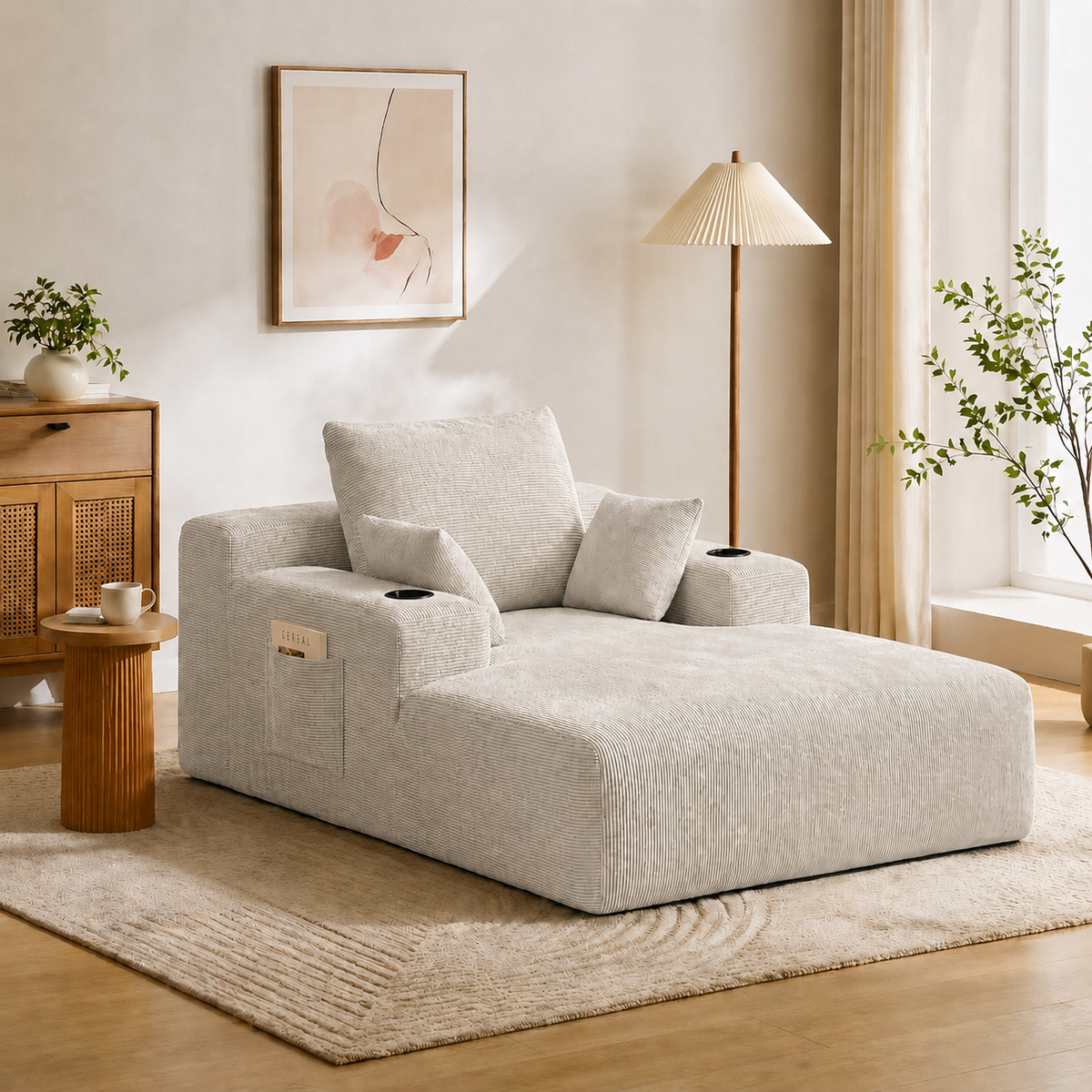 71.65'' Corduroy Chaise Lounge Sofa with Cup Holders & Storage Pocket