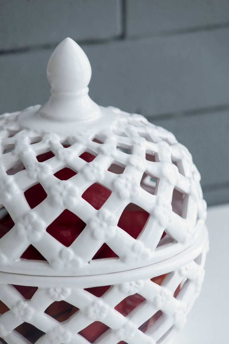 Ceramic Lidded Jar With Lattice Design - White, photo 6 of 11