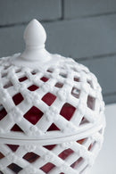 Ceramic Lidded Jar With Lattice Design - White by HouseOfZazla