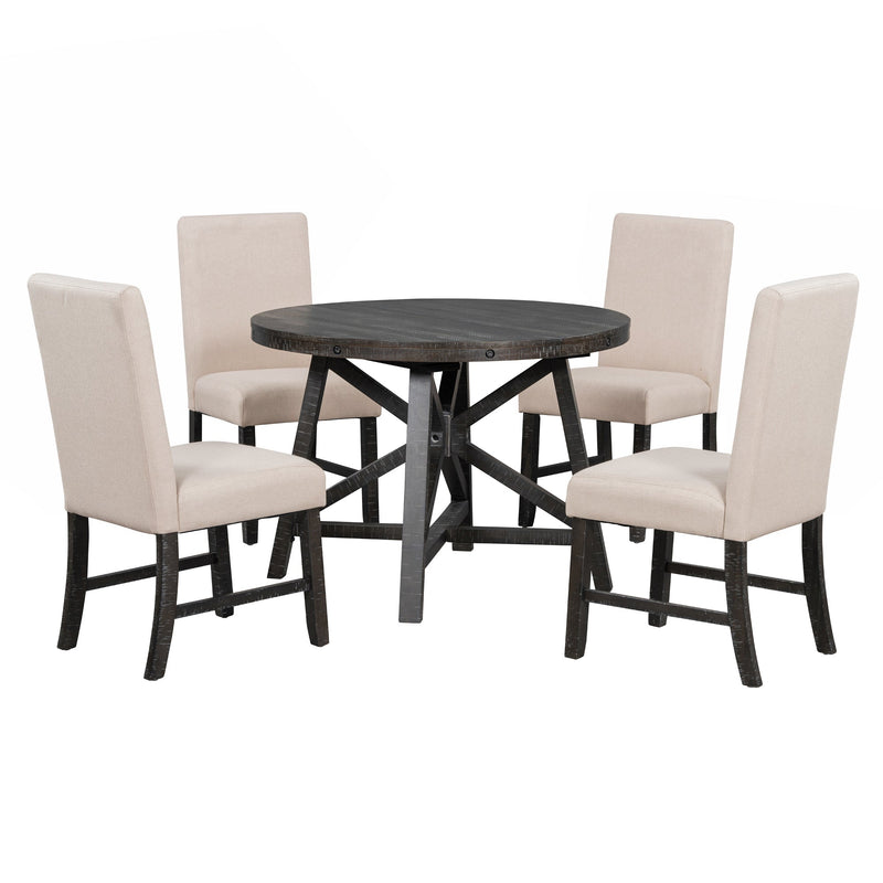 5-Piece Retro Functional Dining Set with Extendable Round Table with Removable Middle Leaf and 4 Upholstered Chairs for Dining Room and Living Room (Black)