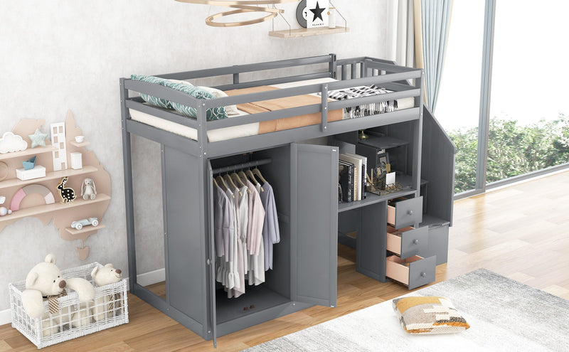 Walker Edison | Twin Size Loft Bed with Wardrobe and Staircase, Desk and Storage