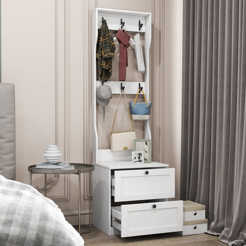 2-in-1 Coat Rack and Nightstand,Wood Bedside/Entryway Storage Organizer with Drawer & Hooks, Freestanding Clothes Hanger for Bedroom,Hallway