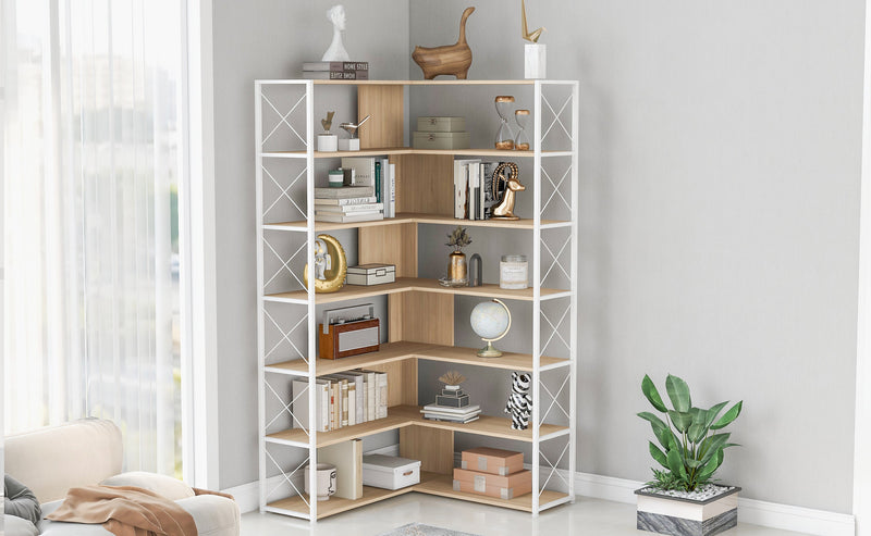 7-Tier Bookcase Home Office Bookshelf, L-Shaped Corner Bookcase with Metal Frame, Industrial Style Shelf with Open Storage, MDF Board