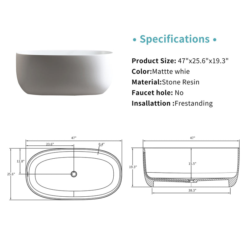 47'' Independent Solid Surface Resin Stone Bathtub, photo 6 of 10
