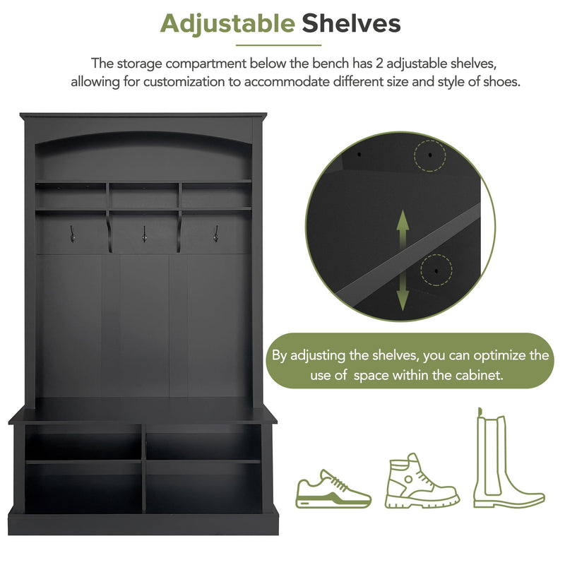 47.2" Wide Hall Tree with Bench and Shoe Storage, Multi-functional Storage Bench with 3 Hanging Hooks & Open Storage Space, Rectangle Storage & Shelves Coat Rack for Hallway, Black